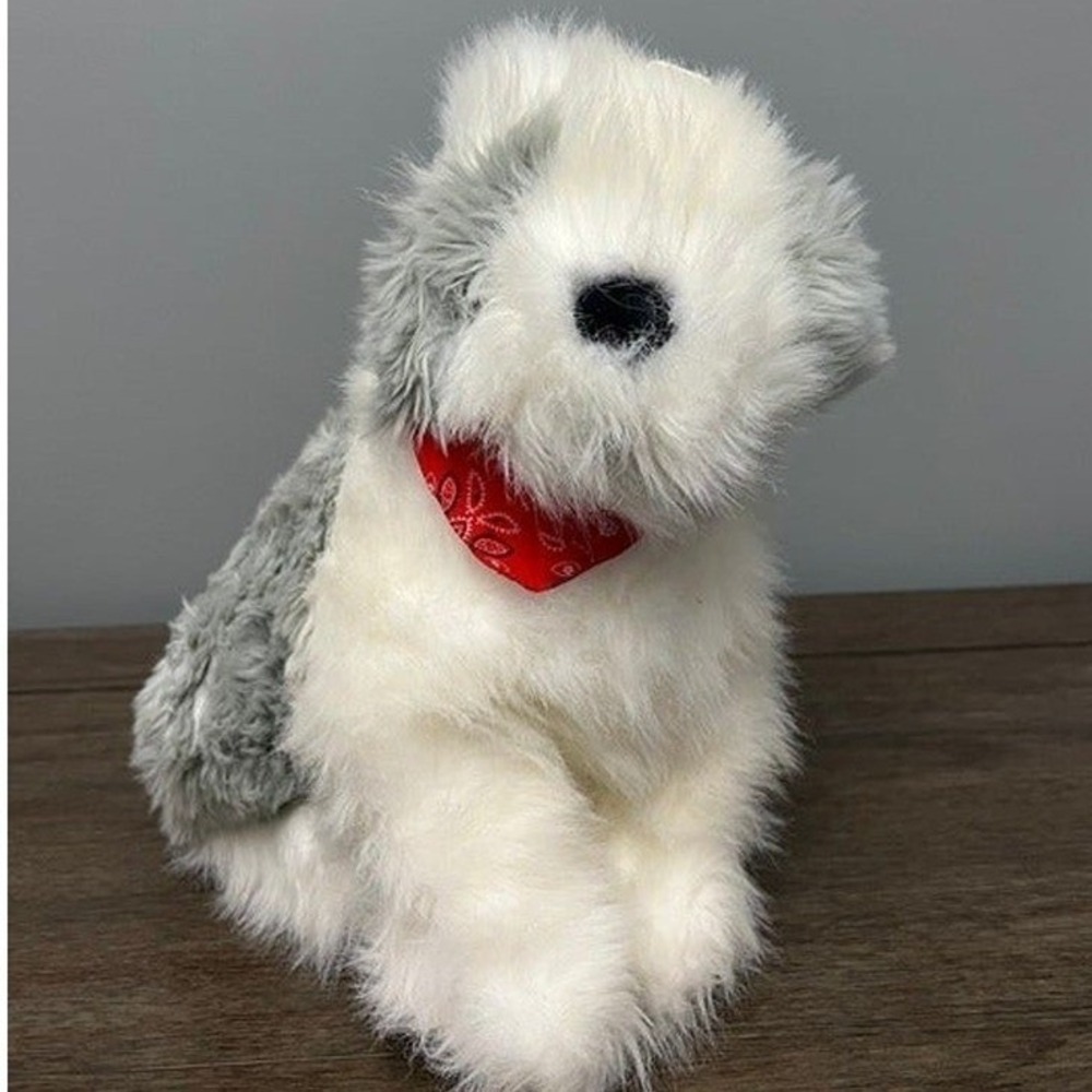 Kellytoy Old English Sheepdog Plush Stuffed Animal Shaggy Dog Red Bandana Gray